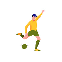 Fototapeta na wymiar Football player. Man in yellow shirt and green shorts punch to the ball. The people in dynamic pose. Flat with texture vector illustration. Isolated.