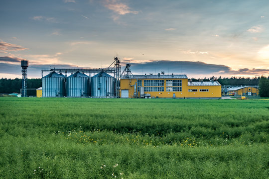 agro-processing plant for processing and silos for drying cleaning and storage of agricultural products, flour, cereals and grain with beautiful clouds