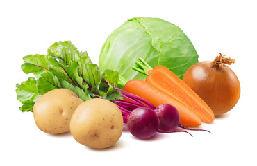 Summer borscht ingredients, cabbage, beetroot, carrot, potato and onion