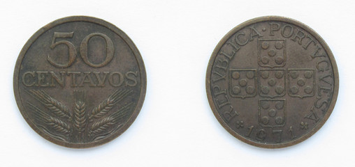 Portuguese 50 Centavos bronze coin 1971 year, Portugal. The coin shows a composition of wheat ears...