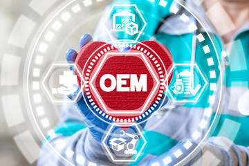 OEM Original Equipment Manufacturer Health Medications concept. Pharmacist or doctor holds red...