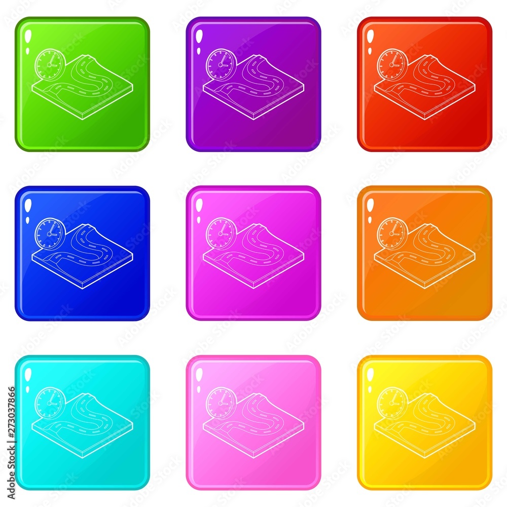Poster road and clock icons set 9 color collection isolated on white for any design