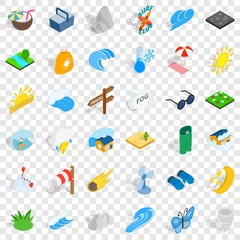 Vacation icons set. Isometric style of 36 vacation vector icons for web for any design