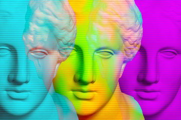 Modern conceptual art poster with three colorful antique Venus bust. Contemporary art collage.