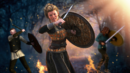 Viking Warrior Woman Fighting with Sword and Shield
