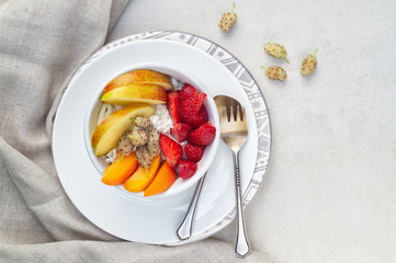 Sliced strawberry, apricot, apple and white mulberry with curd and sour cream
