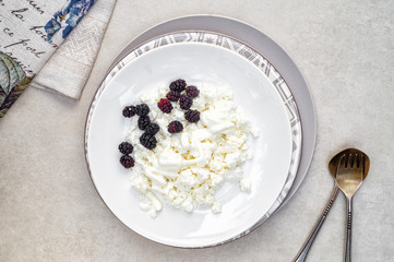 Fototapeta premium Black mulberry with cottage cheese and sour cream