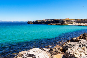 View of Isla de las Palomas and Punta de Tarifa, the southernmost point of continental Europe from the causeway to the island, in Andalusia, Spain
