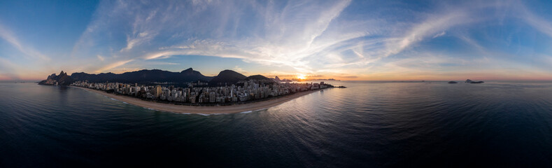 Sunrise 360 degree full panoramic aerial view of Rio de Janeiro with Ipanema and Leblon beach in...