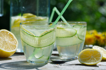 summer refreshing detox lemonade from cucumber, lemon and mint