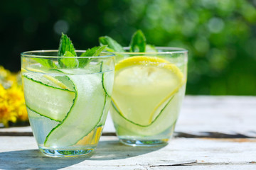 summer refreshing detox lemonade from cucumber, lemon and mint