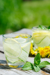 summer refreshing detox lemonade from cucumber, lemon and mint