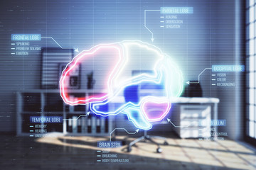Obraz premium Brain sign hologram with minimalistic cabinet interior background. Double exposure. Study concept.