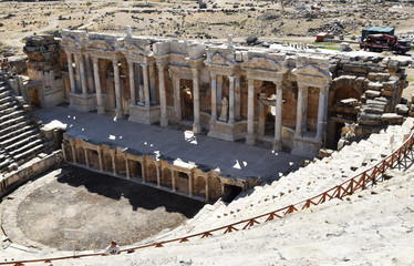 The ruins of the amphitheater of the ancient Hierapolis in the Roman Empire. 2nd millennium BC....