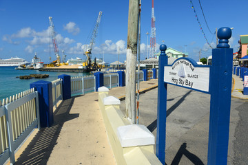 Sign of Hog Sty Bay on Maritime Heritage Trail in downtown George Town, Grand Cayman, Cayman Islands.