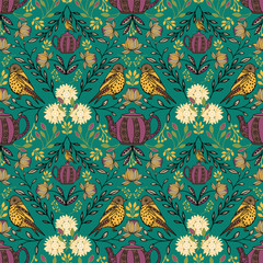Vector symmetrical floral seamless pattern with folk art motifs