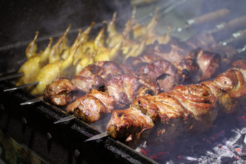 Pork and quail barbecue on skewers frying on a grill brazier