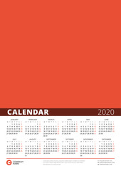 2020 year calendar poster. Vector design print template with Place for Photo. Week Starts on Monday.