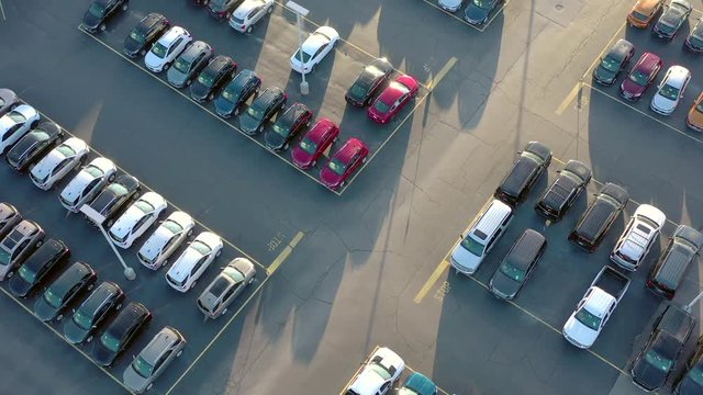 New cars and trucks for sale, large automobile dealership in Springtime, aerial view.