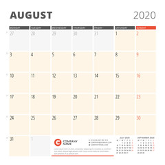 Calendar planner for August 2020. Stationery design template. Week starts on Monday. 3 months on the page. Vector illustration