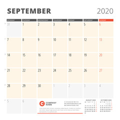 Calendar planner for September 2020. Stationery design template. Week starts on Monday. 3 months on the page. Vector illustration