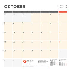 Calendar planner for October 2020. Stationery design template. Week starts on Monday. 3 months on the page. Vector illustration