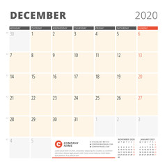Calendar planner for December 2020. Stationery design template. Week starts on Monday. 3 months on the page. Vector illustration