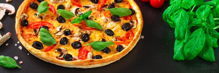 pizza, mushrooms, olives, chicken, tomato sauce, cheese (pizza ingredients). hot pizza. Top view. copy space