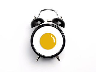 Fried egg and outline alarm clock on seamless background.cafe, restaurant. Logo design template. Food background.