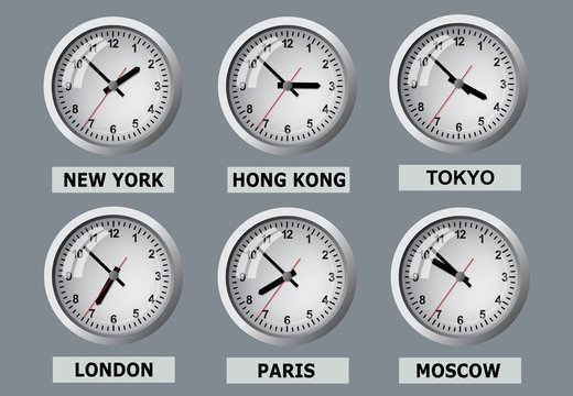 A board that shows the time in different cities of the world.