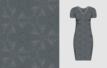 Abstract round seamless pattern wiht brown, grey leaves and mock up dress with short sleeves with this ormnament. Vector nature elegant texture for fabric, textile, bedlinen, undergarment.