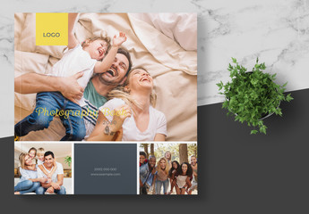 Square Photography Album Layout with Dark Green and Yellow Accents