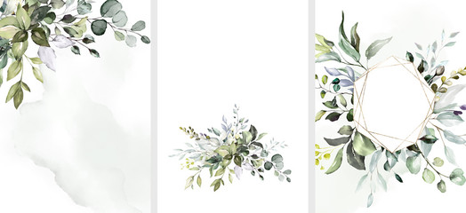 Fototapeta Ready to use Card. Herbal Watercolor invitation design with leaves. flower and watercolor background. floral elements, botanic watercolor illustration. Template for wedding.   frame obraz