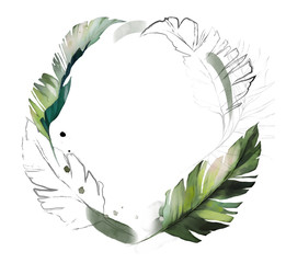  watercolor tropic wreath. card with illustration leaves. Green Exotic leaf isolated on white background. composition for invitation