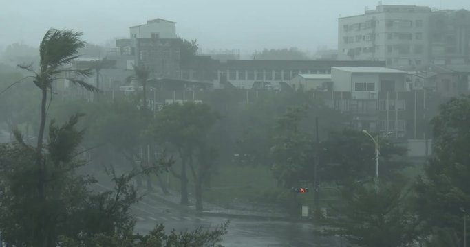 Strong Wind And Heavy Rain Pour Down On City As Hurricane Hits - Megi
