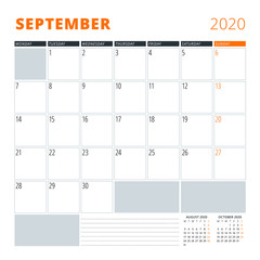 Calendar for September 2020. Stationery design template. Vector illustration