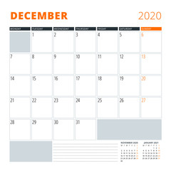 Calendar for December 2020. Stationery design template. Vector illustration