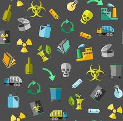 Waste collection and disposal, seamless pattern, gray, color, vector. Garbage collection, different types of waste. Vector, seamless background. Colored, flat icons on a gray background.  