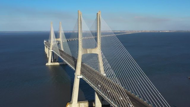 Aerial view of the Vasco da Gama bridge in Lisbon, Portugal. Lisbon Drone view