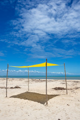 Beautiful beach view with a yellow tent on sunny summer day and sea and blue sky in the background. Concept of vacations, peace and relaxation. Ponta do Corumbau, Bahia, Brazil.