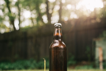Holding cold beer at garden in hot summer evening