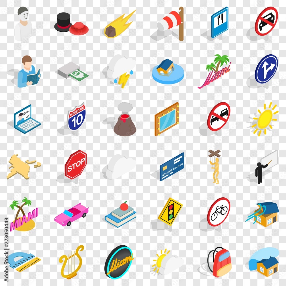 Poster volcano icons set. isometric style of 36 volcano vector icons for web for any design