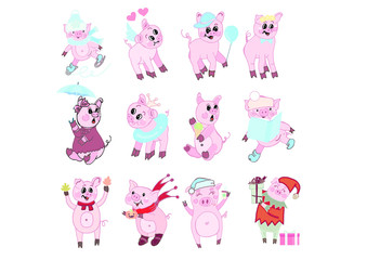 Obraz premium ПечатьVector set of funny Christmas piglets on white background, any time of the year.Vector illustration
