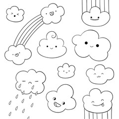 Set of cute kawaii clouds in doodle style. Outline cloud with funny faces and rainbow. Easy to change color.