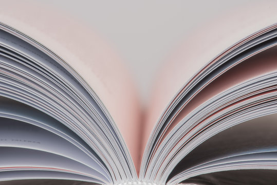 Close-up of opened book pages with blurred soft background