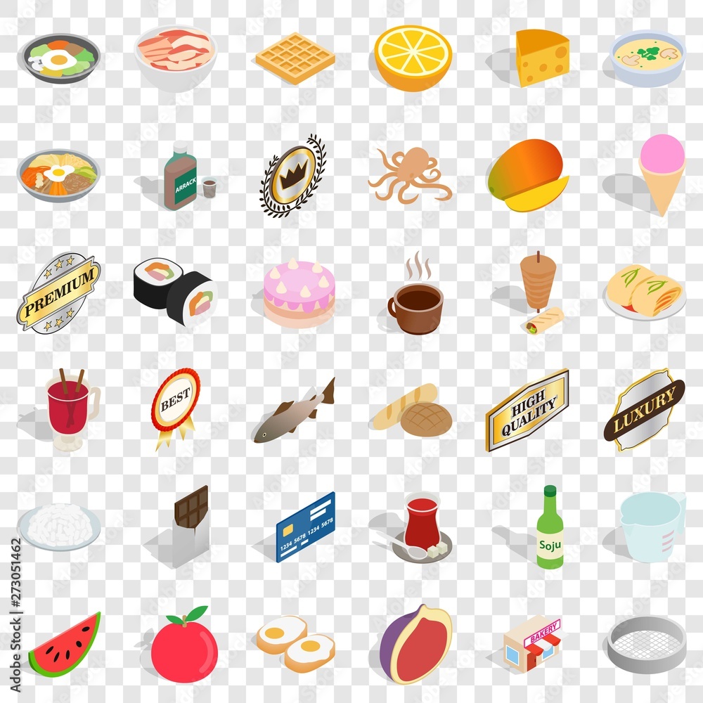 Poster chef icons set. isometric style of 36 chef vector icons for web for any design