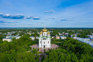 Aerial view of the Orthodox church, cathedral with golden crosses and domes in the city of Pushkin....
