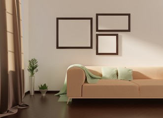 Home interior with empty frames and sofa. Scandinavian style. 3D rendering.