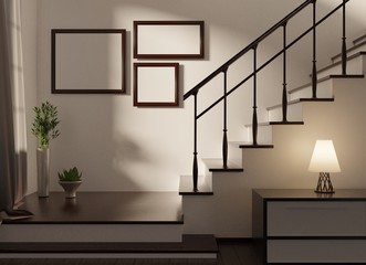Home interior in a Scandinavian style with empty frames on a wall. Stairs to a second floor. Lamp on a table and sun shadows. 3D rendering.