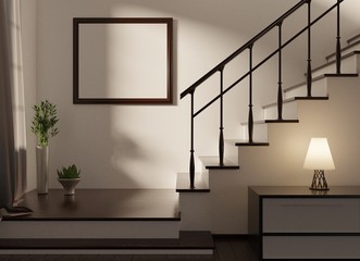 An empty frame on a  wall in a room with stairs on a second floor. Lamp on a table and plants. 3D rendering.
